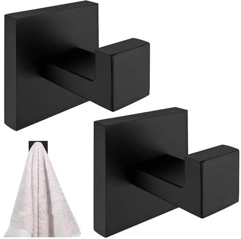 Funngy Ganchos para Toallas,2 PCS Ganchos Adhesivos para Toallas de Baño Sin Taladro Negras de Acero Inoxidable Colgadores Resistentes para Pared para Baño Cocina Perchas para Toallas y Ropa