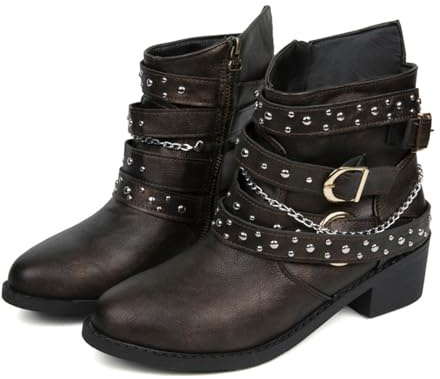 MODSGUE Botines para mujer, botas de motorista, tacón cuadrado, otoño e invierno, zapatos de mujer, hebillas, vintage, vaquero, monocolor, combate, con cremallera lateral, marrón, 41 EU