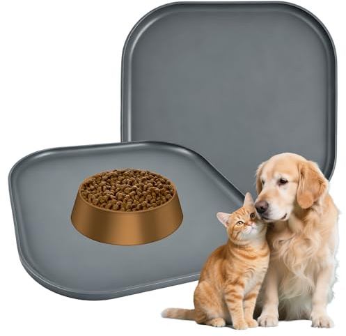 2 Stück 26 x 26 cm Napfunterlage Katzen, Napfunterlage Hund rutschfeste Futtermatte Katze, Fütterungsmatte wasserdichte, rutschfeste Unterlage Hundenapf für Futter, mit 1.4 cm Erhöhtem Rand, Grau