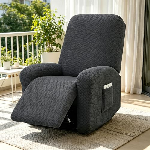 4-Teilig All-Inclusive Sesselbezug, Stretchhusse für Relaxsessel Komplett, Stretch Relaxsessel Bezüge mit Taschen, Sesselschoner für Relaxsessel, Sesselschoner für Fernsehsessel Waschbar(Dunkelgrau)