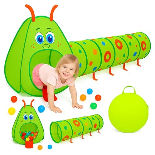Kiddey Caterpillar Kids Play Tunnel & Tent – Toddler Crawl Tunnel + Play Tent, Pop-Up Indoor/Outdoor Ball Pit Playset (Balls Not Included), Folds Flat for Storage