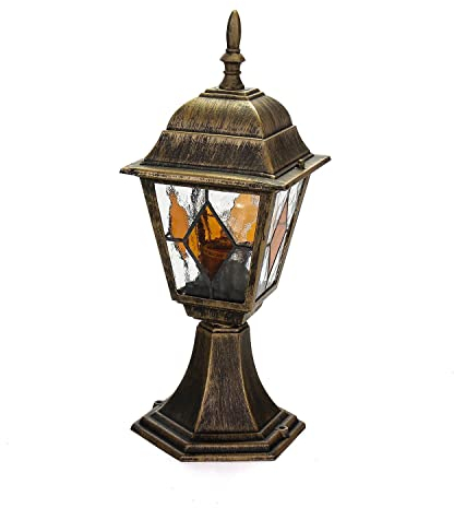 Sockelleuchte Glas Aluminium in Gold Antik IP44 Garten Weg H:42 cm E27 Tiffany Laterne Rustikale Wegeleuchte Outdoor SALZBURG