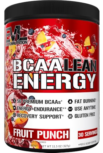 EVL BCAA Lean Energy Powder - Pre Workout Green Tea Fat Burner Support with BCAAs Amino Acids and Clean Energizers - BCAA Powder Post Workout Recovery Drink for Lean Muscle Recovery - Fruit Punch