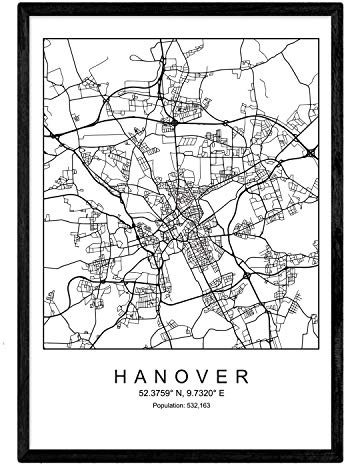 Nacnic Lama Hannover mappa della città in stile nordico in bianco e nero. Fotogramma A4 carta stampata No 250 gr. Dipinti, stampe e manifesti per soggiorno e camera da letto