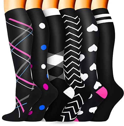 Sooverki Compression Socks for Women & Men 6 Pairs is Best Supportive Knee High Leg Warmers for Sports Circulation Travel Cycling Black Socks Wide Calf Dotted Stripes