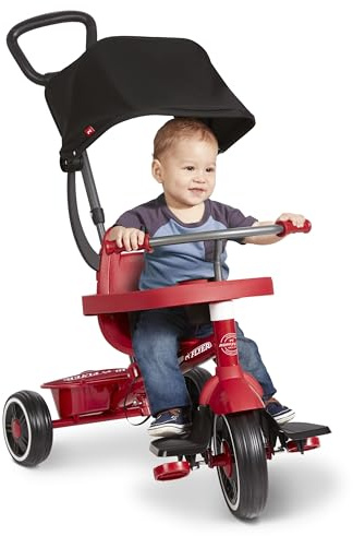 Radio Flyer 4-in-1 Pedal & Push Stroll 'N Trike, Ages 1-5, Toddler Tricycle & Stroller, High-Density Foam Tires, Parent Push Handle, UV Canopy, Removable Tray, Headrest & Seatbelt, Stroller Tricycle