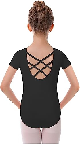 MdnMd Black Leotards for Girls Dance Ballet Gymnastic Outfit Short Sleeve Leotard with Cross Back (Black, Age 8-9)