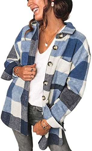 YMING Camisas a Cuadros De Franela Informal para Mujer con Bolsillos Camisas con Botones Blusas De Manga Larga De Gran Tamaño Azul L