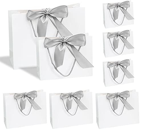 TSHAOUN 6 Pezzi Sacchetti Regalo 2 Taglie 15 x 14 x 7 cm, 28 x 20 x 9 cm, Premium Bianco Con Manico Nastro a Farfalla in Argento per Sacchetti Regalo Natale, Shopping, Matrimonio, Festa (White)