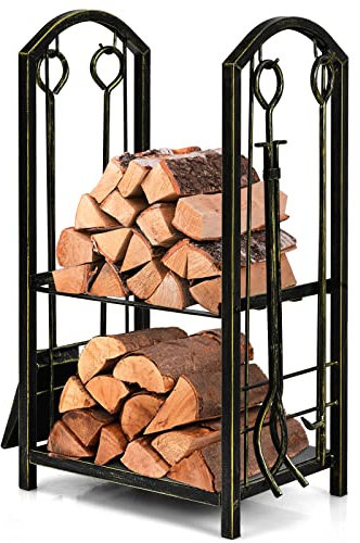 COSTWAY Firewood Log Rack with 4 Pcs Fireplace Tools, Wrought Iron Storage Logs Holder with Poker, Tong, Brush and Shovel, Indoor Outdoor Wood Storage Stacking Stand (Bronze)