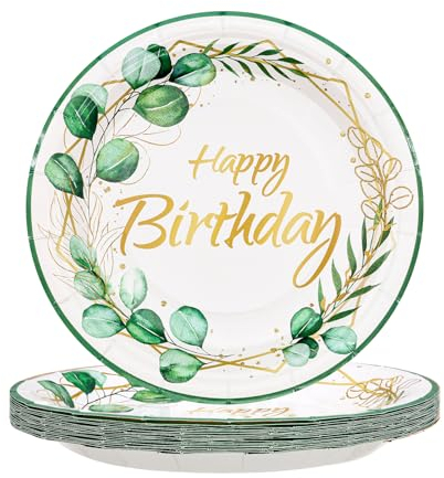 TOPWAYS Verde Salvia Eucalyptus Decorazioni per Compleanno - Piatti di Carta 7inch 18cm Monouso per Bambini, Uomini, Donne - Birthday Party (20 Pezzi)