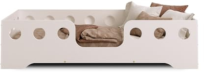 smartwood Kinder Bodenbett 140x200 cm – Kinderbett in Weiß lackiert aus umweltfreundlichem Holz mit Rausfallschutz – Montessori Bett mit wählbarem Einstieg – Max. Belastung 300 kg – TILA 4