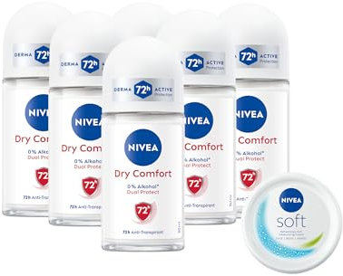 NIVEA Deodorante Roll On Dry Comfort 6 x 50 ml e Soft Mini crema corpo, viso e mani 25 g in omaggio, Cofanetto con deodorante donna e uomo e crema multiuso idratante – Kit Esclusiva Amazon