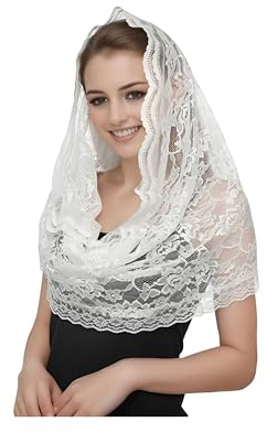 Proumhang Velo de Encaje Estilo Español Velo Tradicional Floral en la Vendimia Velo de Novia Velo de Mantilla para Lglesia Pañuelo de Encaje para Cubrir la Cabeza en Misa Latina Blanco