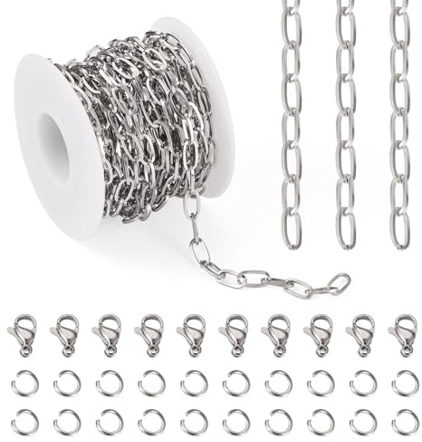 Craftdady 16,4 fot rostfritt stål pappersklippe halsband kedjesats 10 x 6 mm länk med lås hoppringar 6 x 3 mm tvinnad pansarkedja för gör-det-själv halsband armband tillverkning