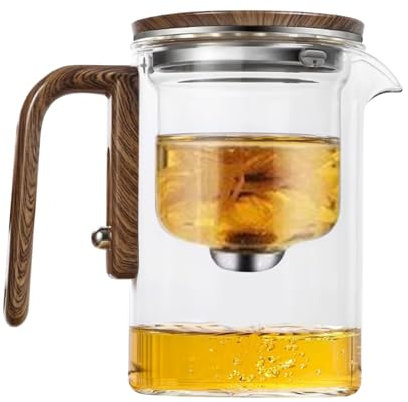 Pot à infuseur à thé en verre – Carafe de séparation d'eau pour feuilles de thé résistantes à la chaleur avec poignée en bois, théière en verre à contrôle de presse magique avec infuseur pour thé et