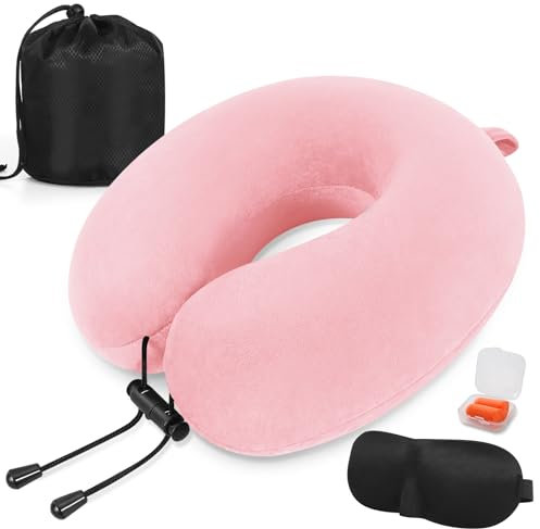 Almohada de Viaje para Cuello, Almohada de Viaje Viscoelástica de Espuma, Almohada Cervical para Oficina Avión Tren Coche Viajando, Cojin de Viaje Cuello con Máscara de Ojos, Tapones y Bolsa (Rosa)