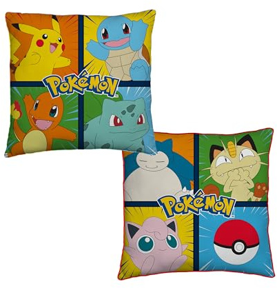 Pokémon Officially Licensed Square Cushion | Retro Design Featuring Pikachu, Squirtle, Charmander, Jigglypuff, Snorlax Stuffed Super Soft Pillow Reversible 2 Sided | Perfect For Any Children's Bedroom