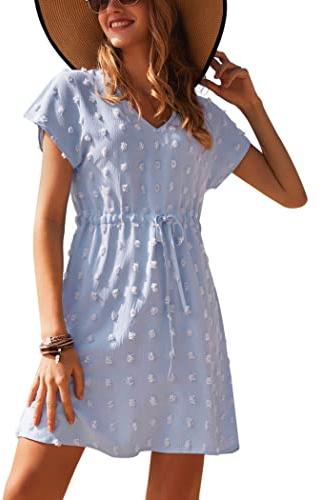 Ekouaer Strandöverdrag Dam Strandklänning Kort Klänning Sommar Bikini Cover Up V-ringning Kortärmad Casual Klänning S-XXL, Ljusblå, M