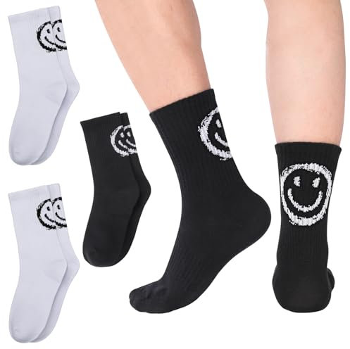 Utensilsto 4 Paar Tennissocken Damen 39-42 Sportsocken Damen Baumwollesocken lustige Socken Geschenke Socken Strümpfe mit lächeln Motiv(Weiß+Schwarz)