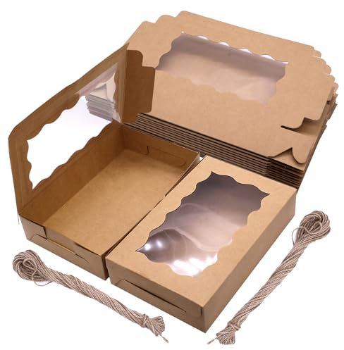 PWGHWG 20 Stück Keksschachtel mit Sichtfenster - 17,8 × 11 × 3,8 cm - Braune Tortenschachtel mit Klarem Fenster Karton Snackbox mit 2 Hanfseil für Torten, Kekse, Pralinen, Dessert