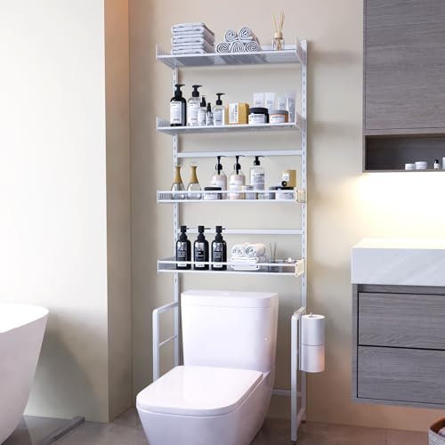 Tokokimo Waschmaschinenregal ohne Bohren, 4-Stufiger Verstellbarer Toilettenregal, Regal über Waschmaschine aus Metall, Platzsparendes Wc Regal & Waschmaschinenschrank 64 x 22 x 172 cm (Weiß)