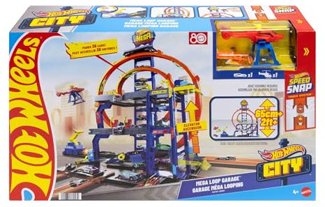 Hot Wheels Spielzeugauto Trackset, mit Die-Cast-Auto und Hubschrauber, 3 Spielebenen, 2 Loopings, Platz für 37 Fahrzeuge im Maßstab 1:64, schnelle Steckadapter, JLC05