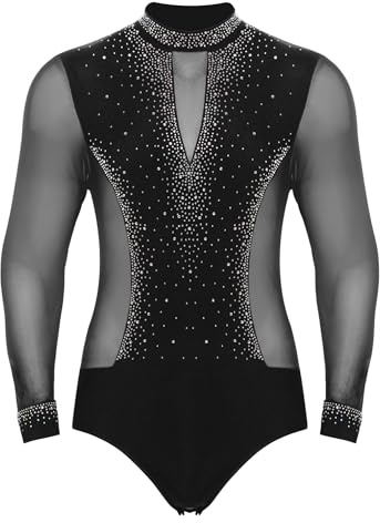 renvena Men's Latin Dance Costume Long Sleeve Ballroom Dance Leotard Unitard Tango Jazz Skating Bodysuit Tops Black S