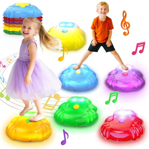TERRAMUS Light up & Sound Stepping Stones for Kids, 6PCS Crab Balance Stones, Obstacle Course Indoor & Outdoor, Toddlers Sensory Toy, Play Equipment Improve Coordination, Gifts for Boys Girls 3+