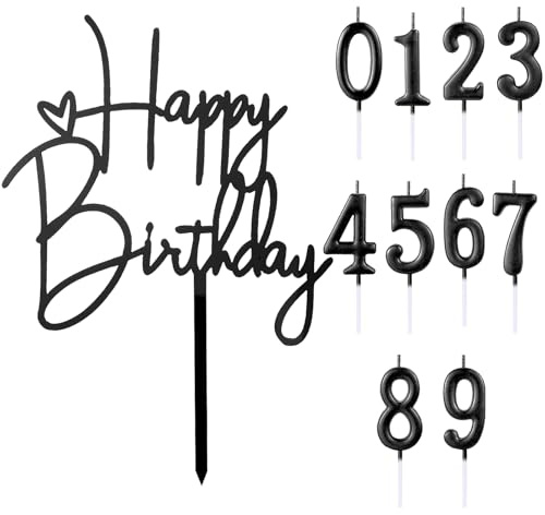 Gleevio Schwarz Happy Birthday Tortendeko mit Geburtstagskerzen Zahlen 0-9, Tortendeko Geburtstag, Cake Topper Happy Birthday Deko Torte, Acryl Kuchendeko Geburtstag 1,6,7,9,18,20,30,40,50,60