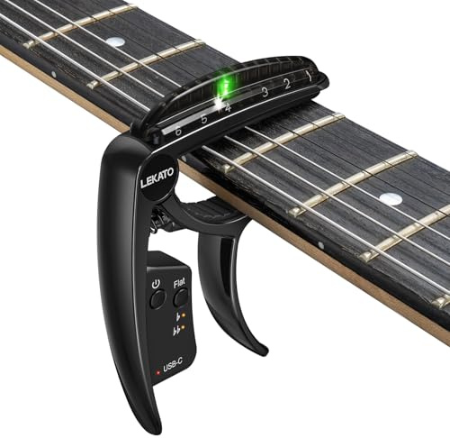 LEKATO Capo-Tuner 2 in 1 für 6-saitige Gitarre mit wiederaufladbarem USB-Akku, LED-Kantenbeleuchtung, Display, Gitarrenkapodaster, chromatisches Stimmgerät