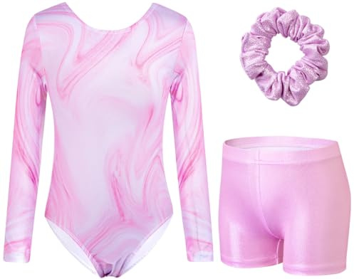 XiaoMoSha Girls Three-Piece Gymnastics Leotards Set Long Sleeve Leotards with Shorts and Hairband Sparkly Ballet Dance Unitards Gradient Color Gymnastics Outfits for Kids, PinkWave, 4-5 Years