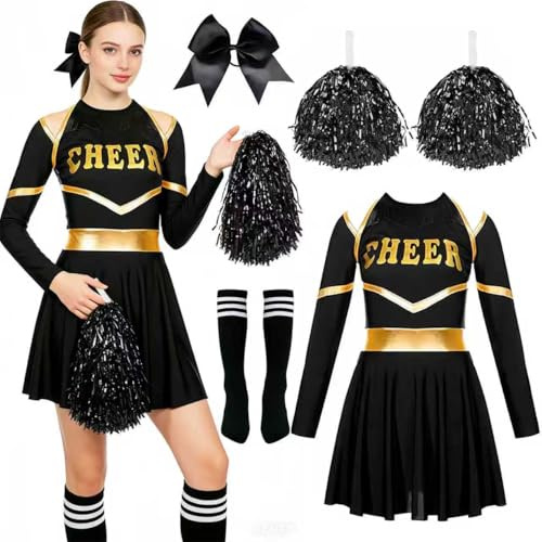 ZeiLaBang Kakadi Disfraz de animadora para mujer para adultos, disfraz de animadora, uniforme de animadora, disfraz de animadora, con pompones y calcetines, Oro negro., L