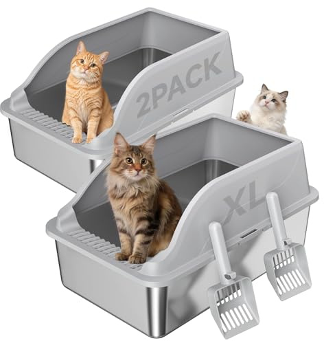 2PACK Stainless Steel Cat Litter Boxes, XL Large Metal Litter Box with High Sides Lid, Odor Free Litter Pan Include Scoop Easy Cleaning Anti-Scratch Kitty Cat Box Anti-Urine Leakage, Non-Sticky