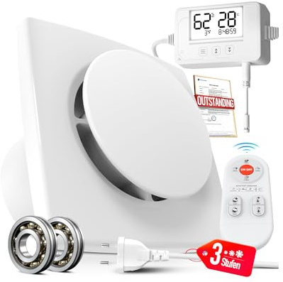 SBONNI Badlüfter mit Feuchtigkeitssensor Temperatursensor Timer - 3 Stufen WC Lüfter 100mm mit Fernbedienung, Echtzeit Feuchtigkeit und Temperatur, Stark Lüftung und Leise Abluftventilator Bad