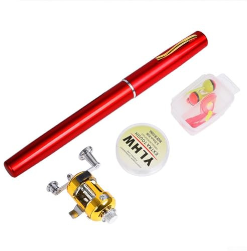 Gdfnmogo Pen Fishing Rod Kit, 1m Telescopic Carbon Fiber/Metal, 97cm Extended & 20cm Collapsed, 140g Lightweight, for Travel and Compact Fishing(Y4516 (red))