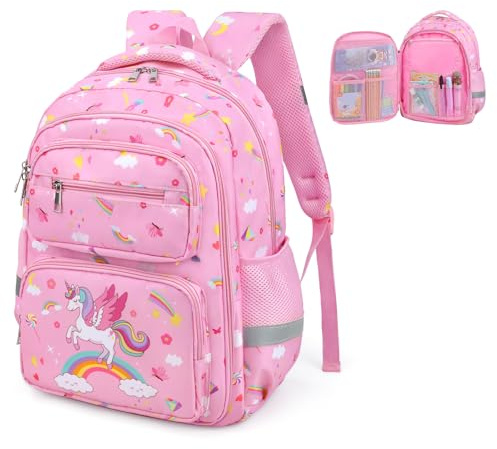 Zaini Scolastici per Bambini, Impermeabile Zaino Scolastico per Scuola Primaria e Secondaria, Grande Zainetto Bambino Leggero per Scuola e All'aperto, Unicorno Rosa