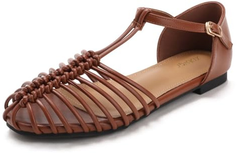 Sandales Plates Romaines t-Strap à Bout fermé pour Femmes en Tissu tissé