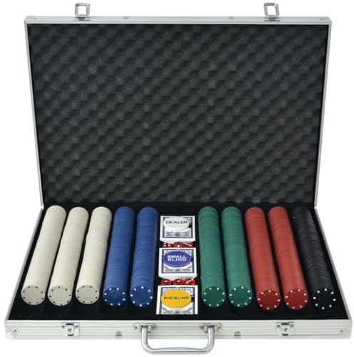 Ziaphsol Set de poker avec 1 000 jetons en aluminium, 6 dés de casino, 3 jeux de cartes, bouton dealer, insert blind, accessoires pour Texas Holdem, Blackjack, roulette, tournoi et fête