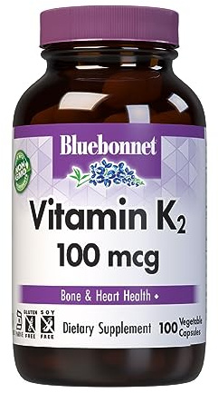 Bluebonnet Nutrition Vitamin K2 Supplement 100 mcg Daily Vit K2 MK7 Heart Health & Bone Vitamins for Women & Men* - Vegan, non-GMO, Dairy-Free, Gluten-Free Vit K - 100 Vegetable Capsules