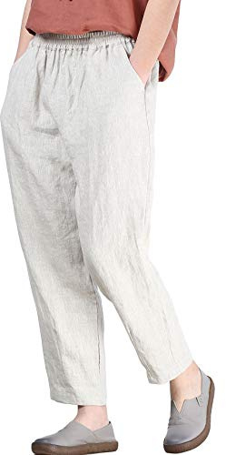 FTCayanz Femme Pantalon Cheville Lin Carotte Pantacourt Casual Taille Élastique