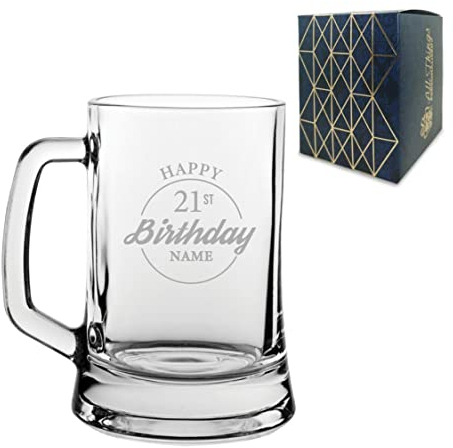 Personalised Engraved Tankard Beer Mug Stein Happy 21st Birthday Circle Design Gift Boxed, 16.75oz/495ml Classic Beer Glass, Any Name, Engraved in The UK