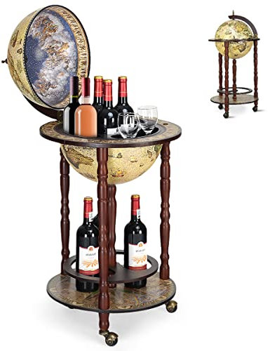 GiantexUK 330MM/360MM Globe Drinks Cabinet, Unique Eucalyptus Wooden Mini Bar Cart with Open Shelves, Retro Movable Whisky Wine Spirits Trolley for Home Restaurant(no Top, 330MM Globe, 45x45x88cm)