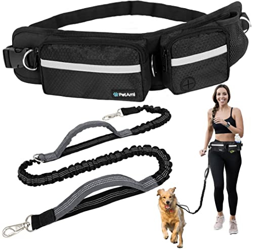 PetAmi Hands Free Dog Leash, Dog Running Leash Belt Bag for Walking, Jogging, Dog Waist Double Zipper Pouch with Poop Bag Dispenser, Dual Padded Handles Reflective Bungee Leash, Single (Black)