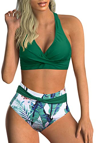 Adigaber Traje de Baño para Mujer Estampado Floral Cuello en V Dos Piezas Conjunto Bañador Control de Vientre de Cintura Alta Bikini