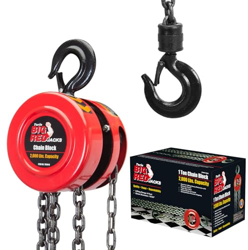 Big RED TR9010-3 Torin Manual Hand Chain Hoist with 2 Heavy Duty Hooks for Warehouse Automotive Machinery, 1 Ton (2,000lb) Capacity, 8ft/2.5m Red