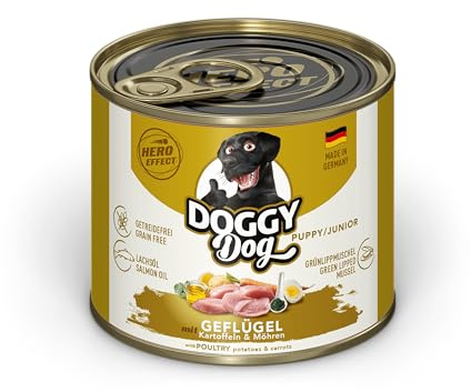 DOGGY Dog Paté pollame Puppy/Junior, 6 x 200 g, cibo umido per cani giovani, cibo per cuccioli senza cereali con olio di salmone e cozze verdi con patate e carote, prodotto in Germania