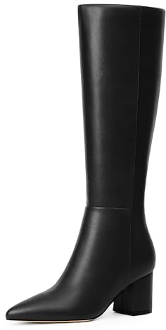 Easyfox Black Womens Knee High Boots Chunky Heel Tall Black Boots for Women Pointed Toe Fall Boot Long Block Side Zipper Leather Boot Size 9.5