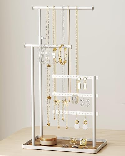 susswiff Jewelry Holder Organizer Stand - Adjustable Tall 17.5 (Max), Sturdy Jewelry Hanger for Necklaces, Earrings, Bracelets, Rings, Jewlery Display and Storage, White, Metal