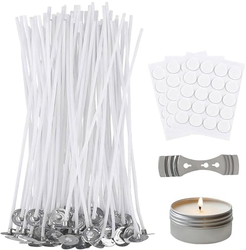 Eastrise Candle Wicks with No Black Smoke,10cm Long Pre Waxed Wicks,With 100 Pcs Candle Wick Stickers,Includes Stainless 3 Hole Wick Holder,For Home and DIY Candles(100 PCS)